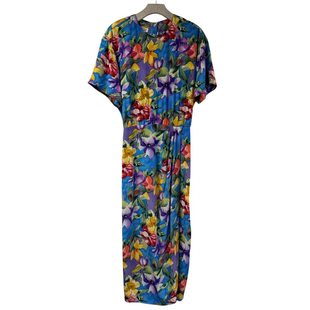 Talbots Floral Dress 100% Silk Blue Vintage Size 6 Shoulder Pads